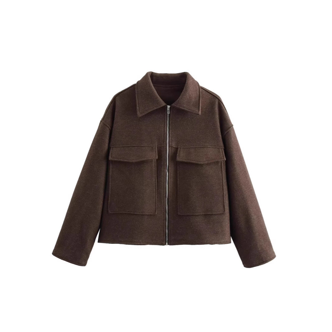 Damen lässige Jacke mit aufgesetzten Taschen und Reißverschluss EB