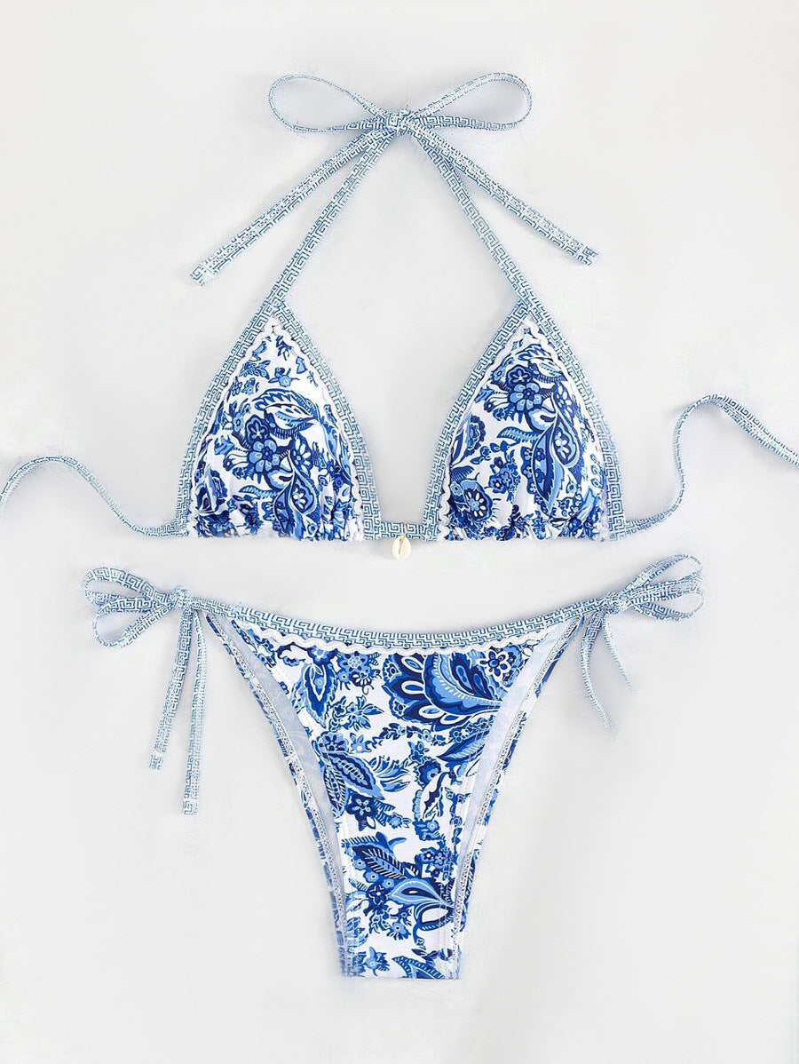 Damen Triangel-Bikini-Set mit verstellbaren Bindebändern und floralem Design EB