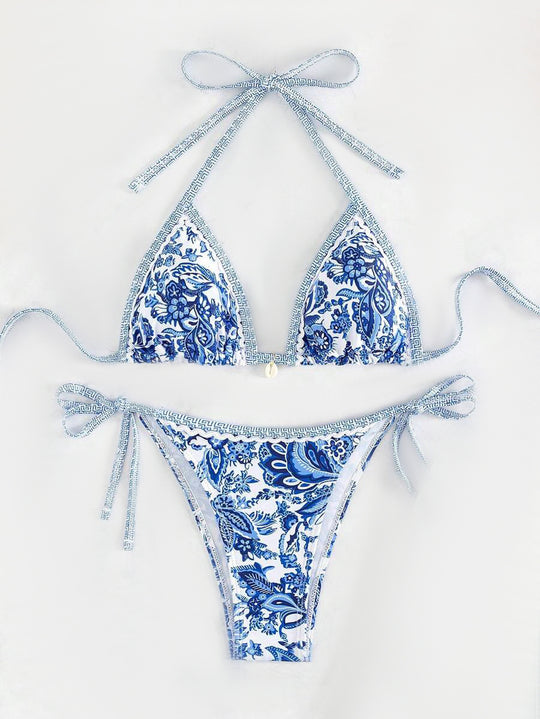 Damen Triangel-Bikini-Set mit verstellbaren Bindebändern und floralem Design EB