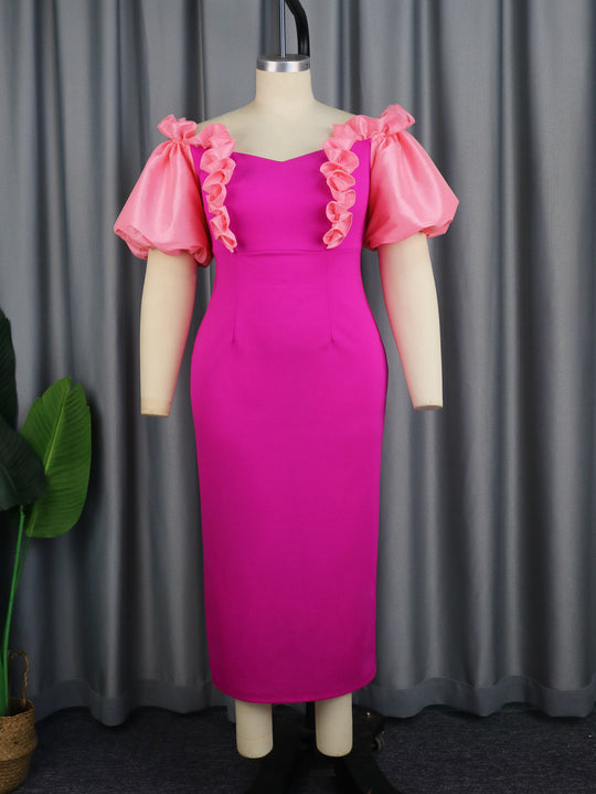 Damen figurbetontes Abendkleid mit voluminösen Rüschenärmeln EB