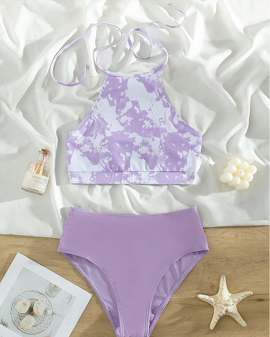 Damen Crop-Top Bikini mit hohem Kragen und floralen Mustern EB