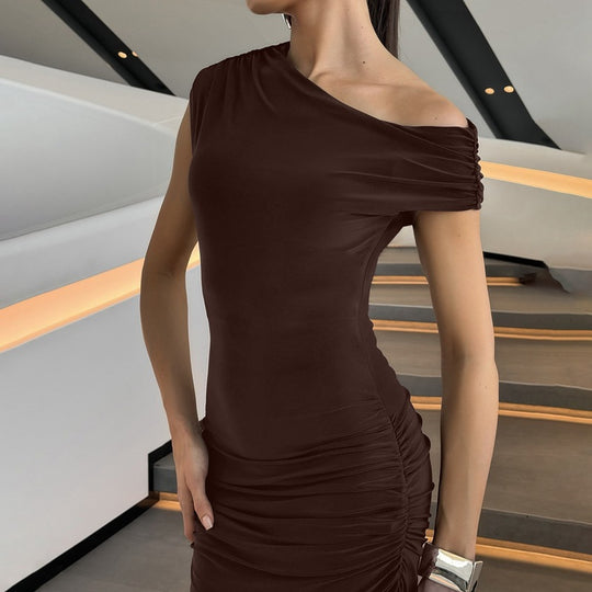 Damen Elegantes Wickel-Maxikleid mit asymmetrischer Schulterpartie EB