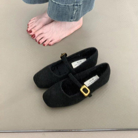 Damen elegante Filz-Ballerinas mit modischer Schnallenverzierung EB