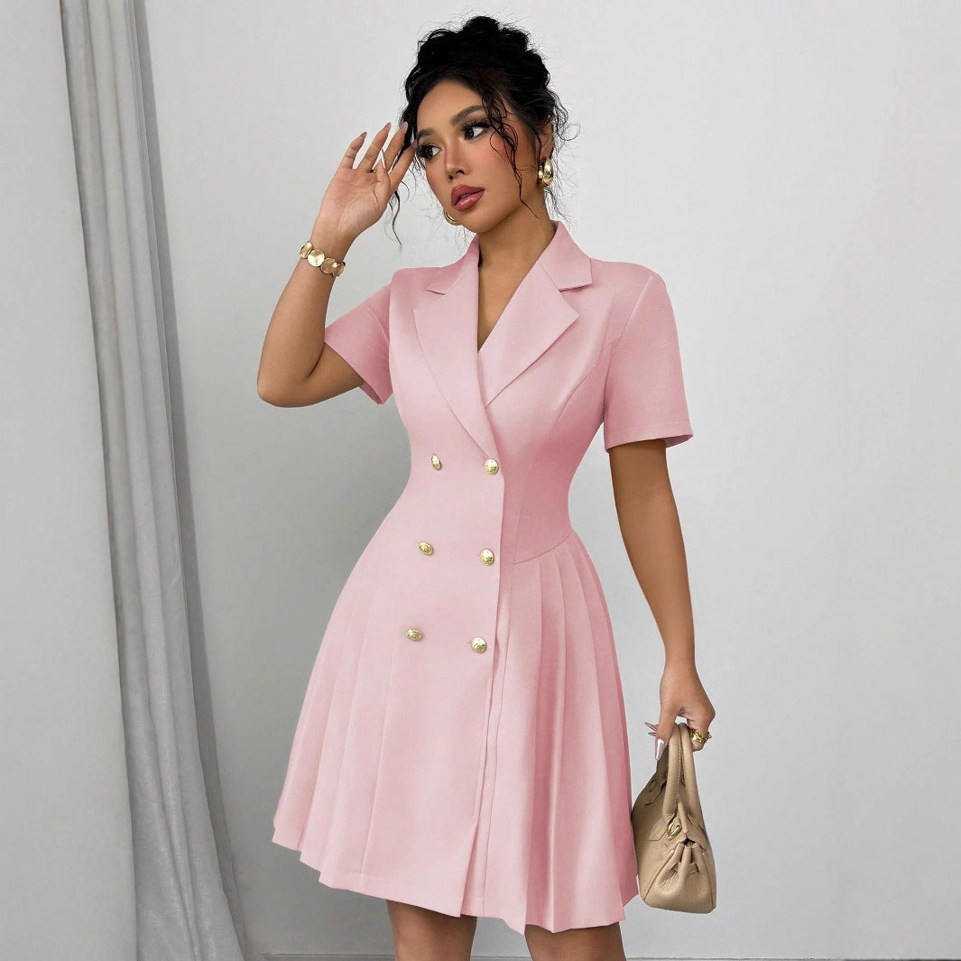 Damen elegantes A-Linien Kleid mit doppelter Knopfleiste und plissiertem Rock EB