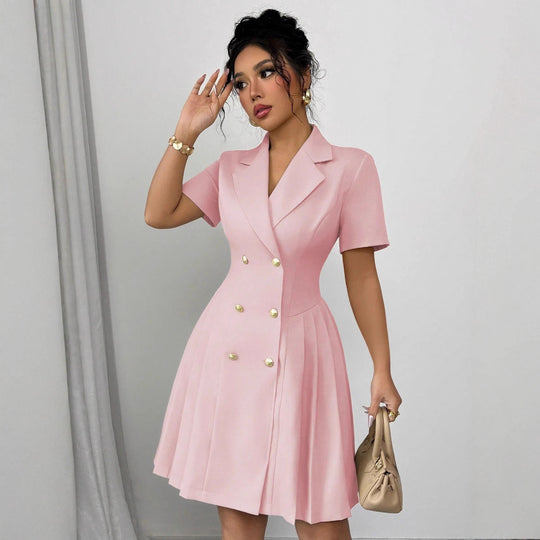 Damen elegantes A-Linien Kleid mit doppelter Knopfleiste und plissiertem Rock EB