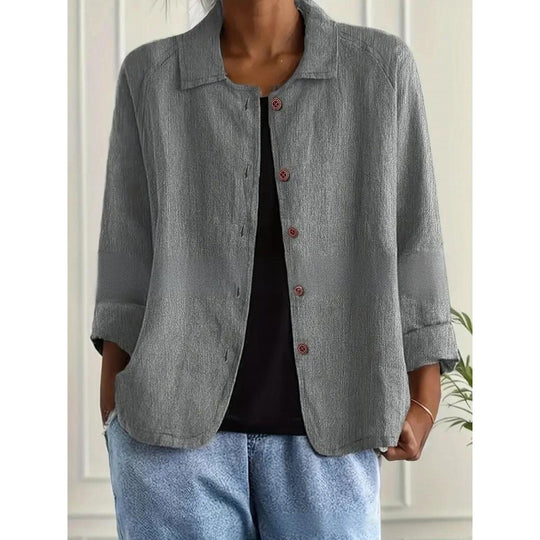 Damen Leichte Leinenoptik-Bluse mit lockerer Passform, 3/4-Ärmeln und Knopfleiste EB