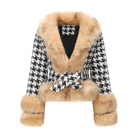 Übergangsjacke Damen elegant mit Kunstfell und Hahnentrittmuster
