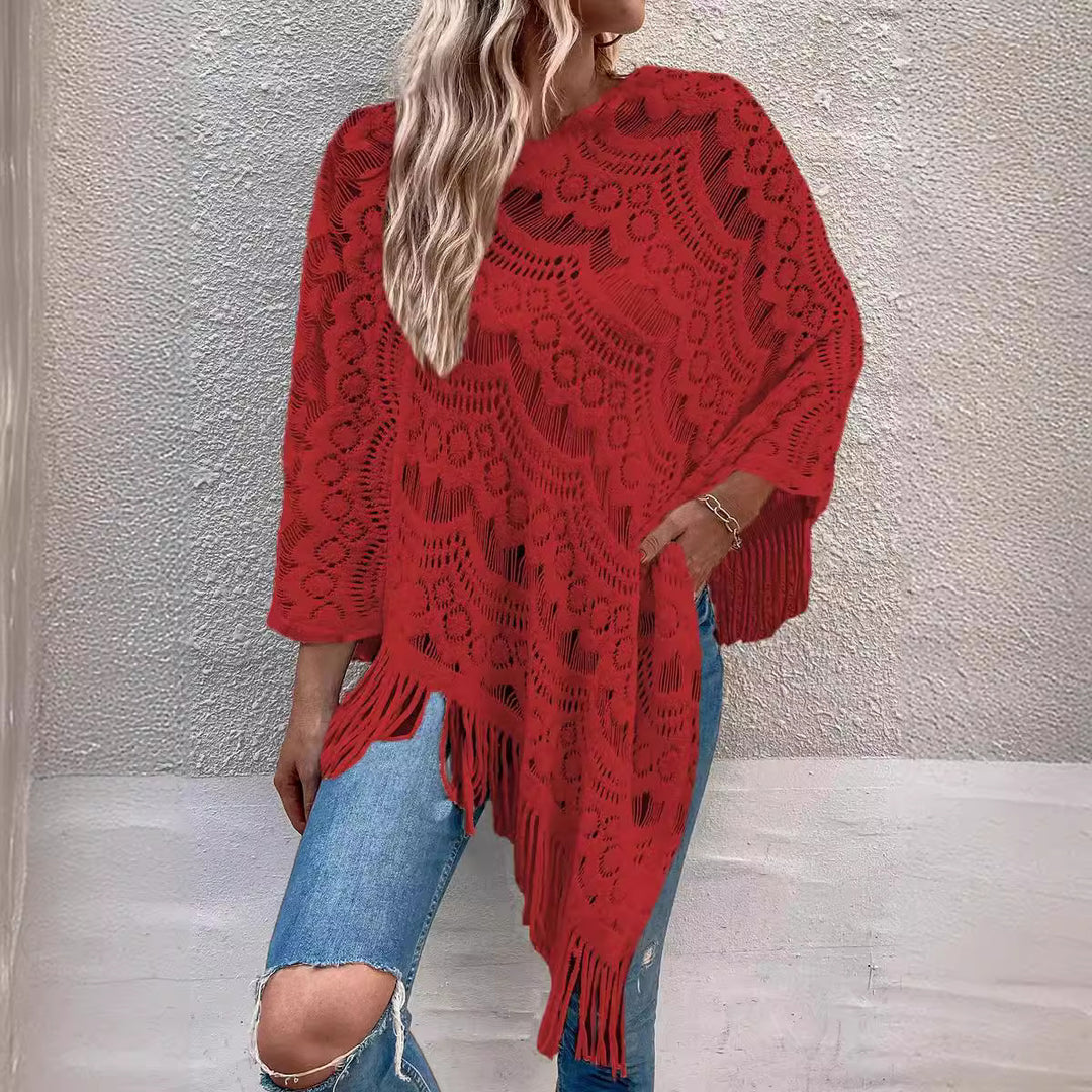 Damen Strickponcho mit auffälligem Häkelmuster und modischen Fransen EB