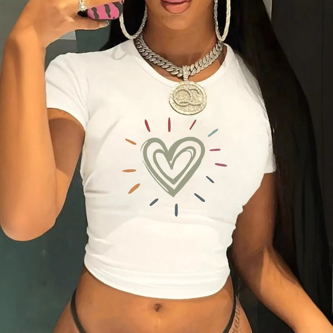 Damen Crop-T-Shirt mit kreativem Herzmotiv und moderner Passform EB