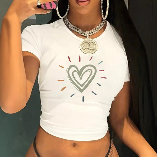 Damen Crop-T-Shirt mit kreativem Herzmotiv und moderner Passform EB