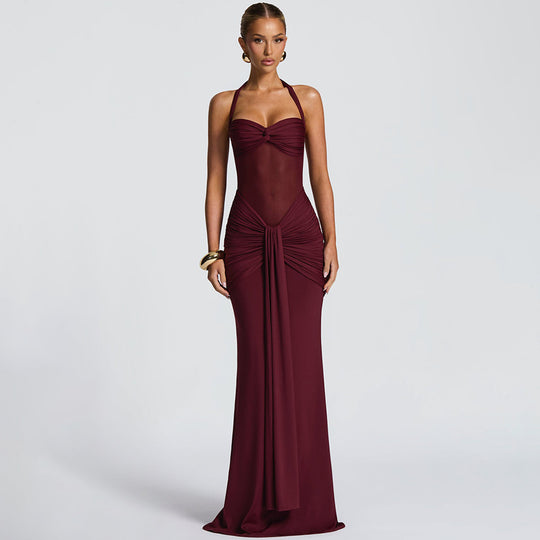 Damen Elegantes Maxikleid mit Tiefem Rückenausschnitt und Raffinierten Falten EB