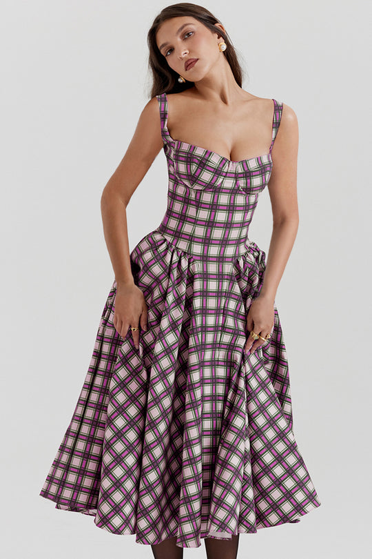 Damen Midikleid im Karomuster mit strukturiertem Oberteil und voluminösem Rock EB