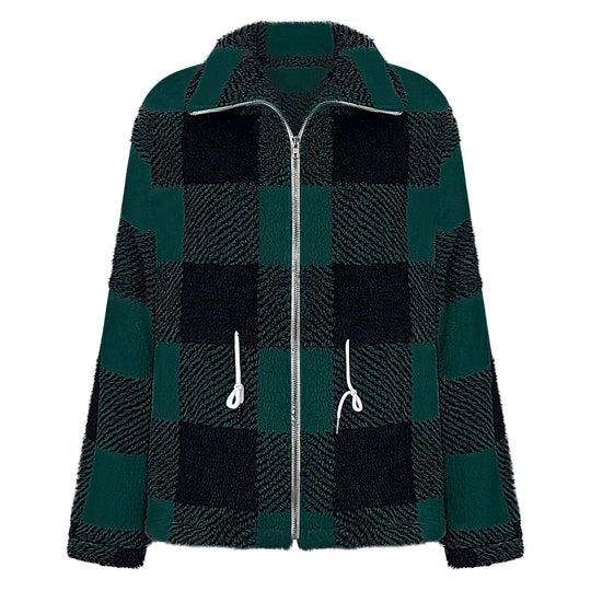 Damen Fleecejacke mit modischem Karomuster und praktischen Taschen EB