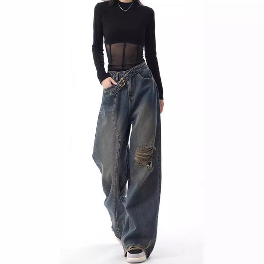 Damen Weite High-Waist Jeans im lässigen Used-Look mit modischen Rissen EB