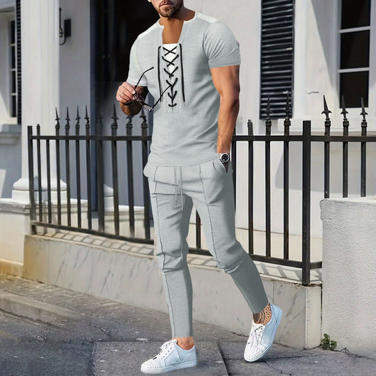 Herren modisches Kurzarm-Henley-T-Shirt mit strukturiertem Design und dekorativer Schnürung EB