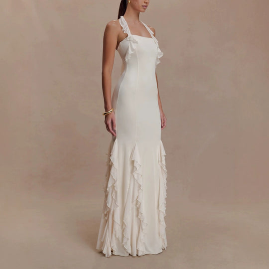 Damen Elegantes Langarm-Maxikleid mit Rüschendetails EB