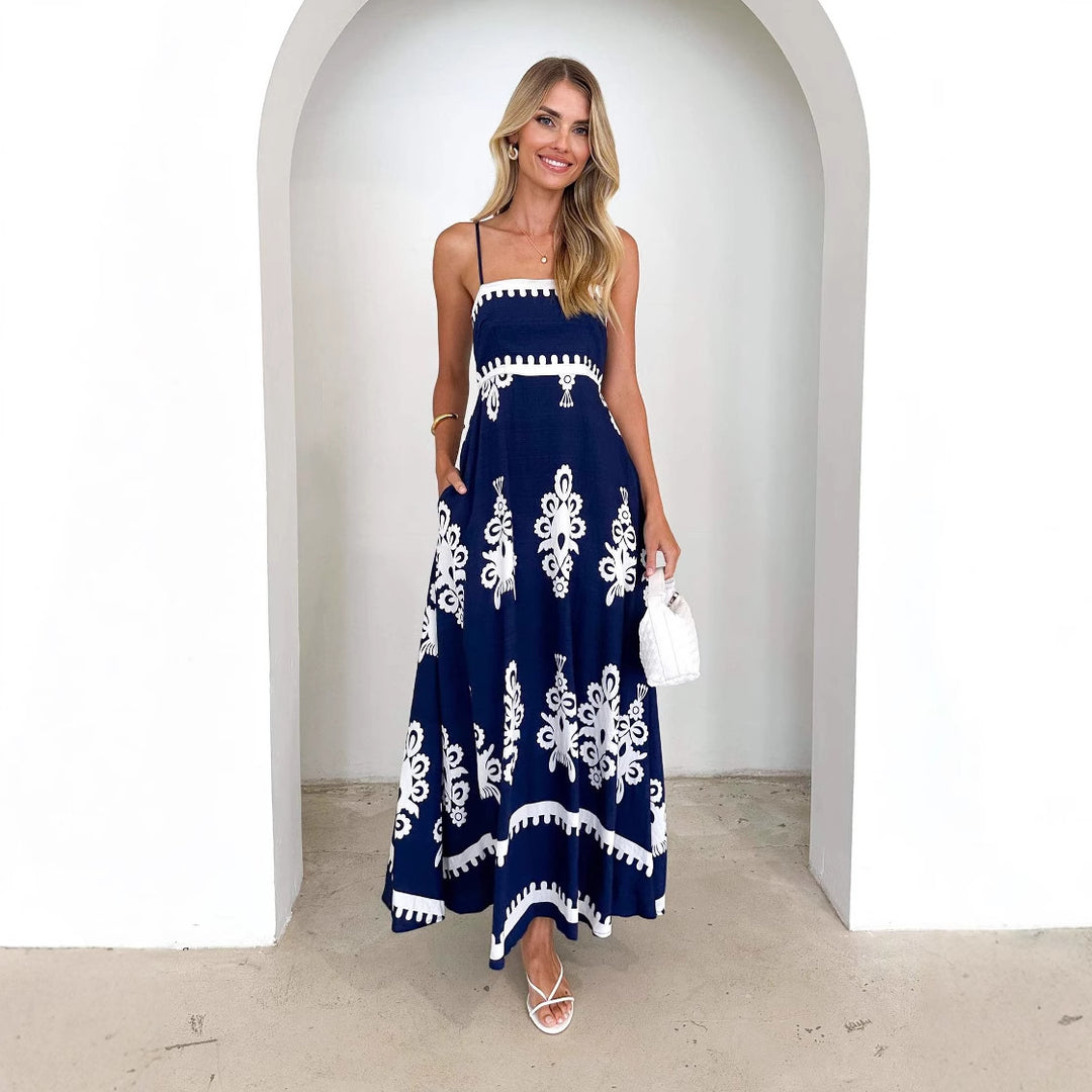 Damen Maxikleid mit floralem Muster und schwingendem Rock EB