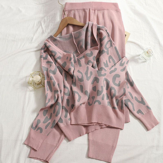Damen lässiges Hoodie- und Jogginganzug-Set mit Leopardenmuster EB