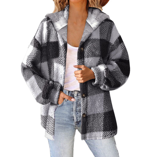 Damen nan kuschelige karierte Teddyjacke mit Kapuze, Knopfverschluss und oversized Schnitt EB
