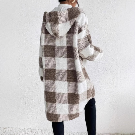 Damen Plüschige Karojacke im Oversized-Stil mit Knopfleiste EB