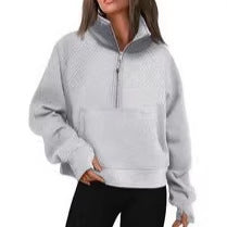 Damen nan weit geschnittenes Kurzpullover mit Stehkragen, halbem Reißverschluss und Kängurutasche EB