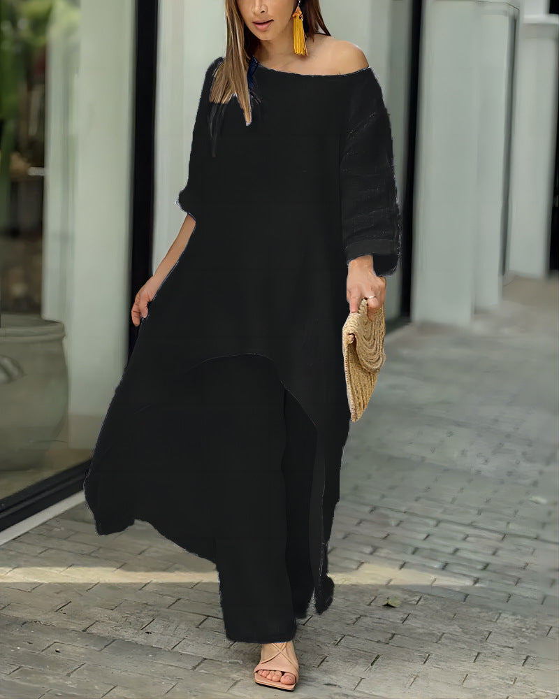 Damen nan weit geschnittenes Leinenzweiteiler Set mit asymmetrischer Tunika und lockeren Marlene-Hose EB