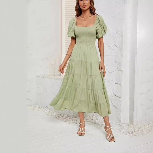 Damen Maxikleid mit Puffärmeln und elastischem Oberteil EB