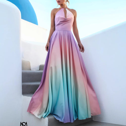 Damen Elegantes Maxikleid mit schickem Halterneck und geschmeidiger Satinoptik EB