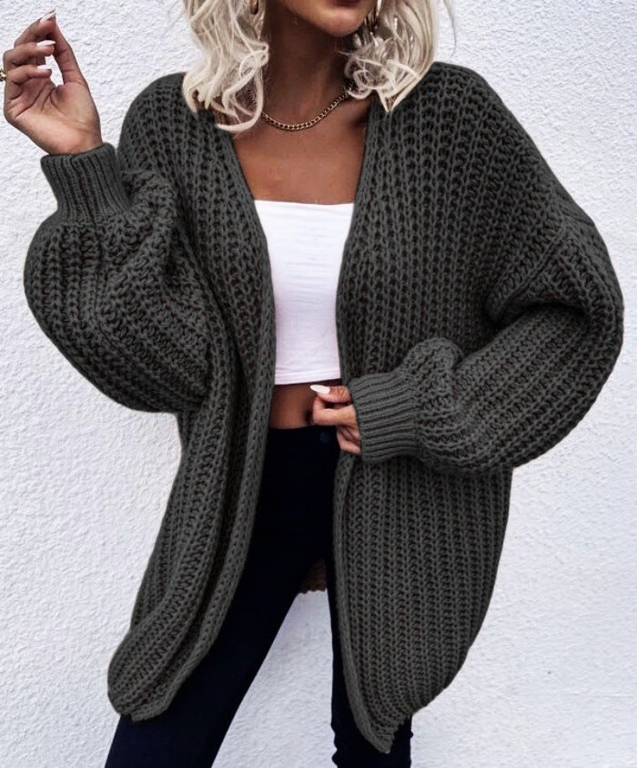 Damen lässiger Grobstrick-Cardigan mit tiefen Taschen und voluminösen Ärmeln EB
