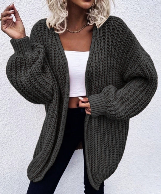 Damen lässiger Grobstrick-Cardigan mit tiefen Taschen und voluminösen Ärmeln EB