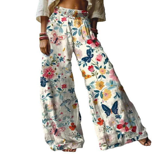 Damen Weite Sommerhose mit buntem Blumen- und Schmetterlingsprint EB