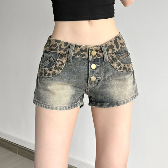 Damen Kurze Jeansshorts mit Leopardenmuster und gerafftem Bund EB