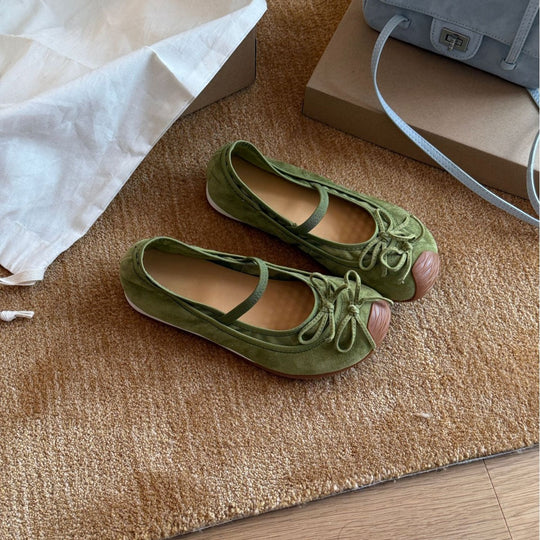 Damen Ballerinas aus hochwertigem Wildleder mit Riemchen und dekorativer Schleife EB