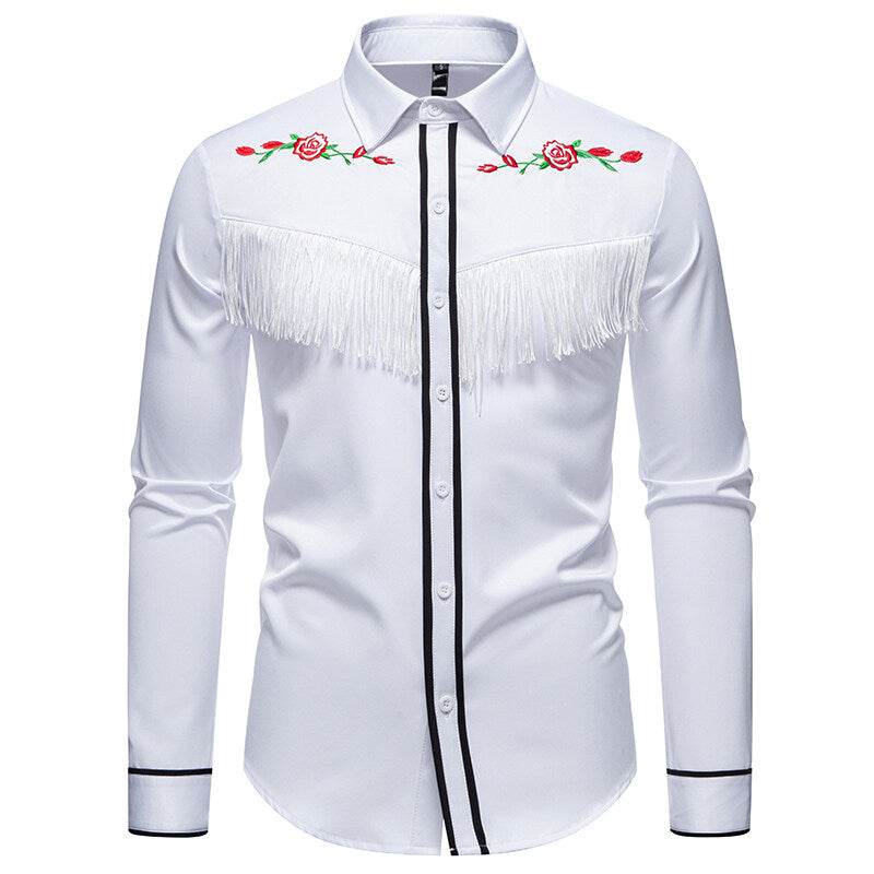 Herren elegante Westernbluse mit Fransen und bestickten Motiven EB