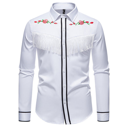 Herren elegante Westernbluse mit Fransen und bestickten Motiven EB