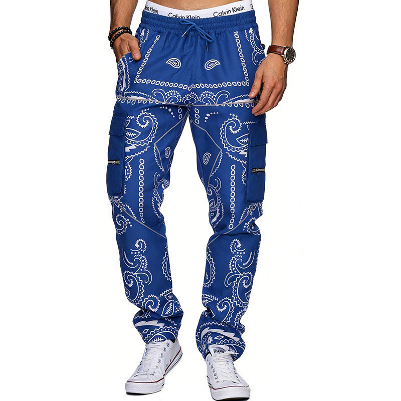 Herren Cargo-Hose mit Bandana-Print, elastischem Bund und Zipper-Taschen EB