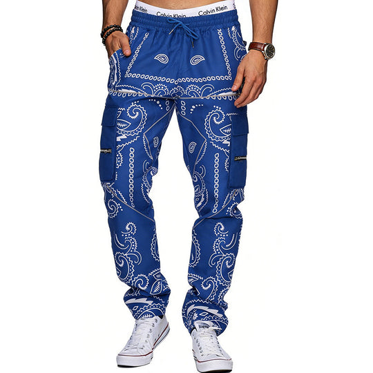 Herren Cargo-Hose mit Bandana-Print, elastischem Bund und Zipper-Taschen EB