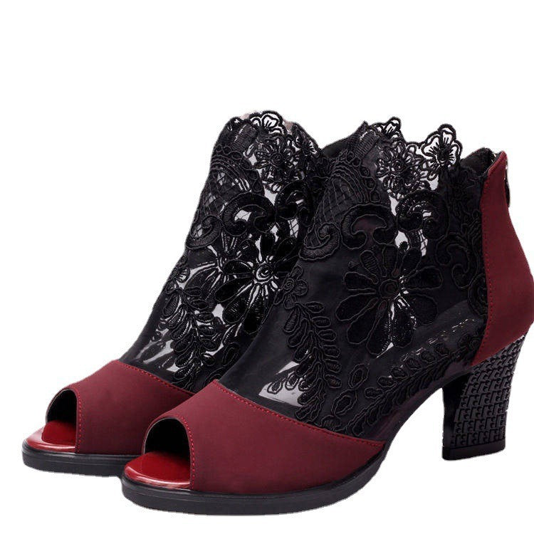Damen Offene Absatzsandalen mit eleganter Häkelspitze und bequemem Blockabsatz EB