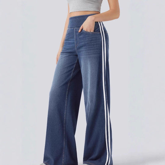 Damen weite Denim-Hose mit seitlichem Streifen und hohem Bund EB