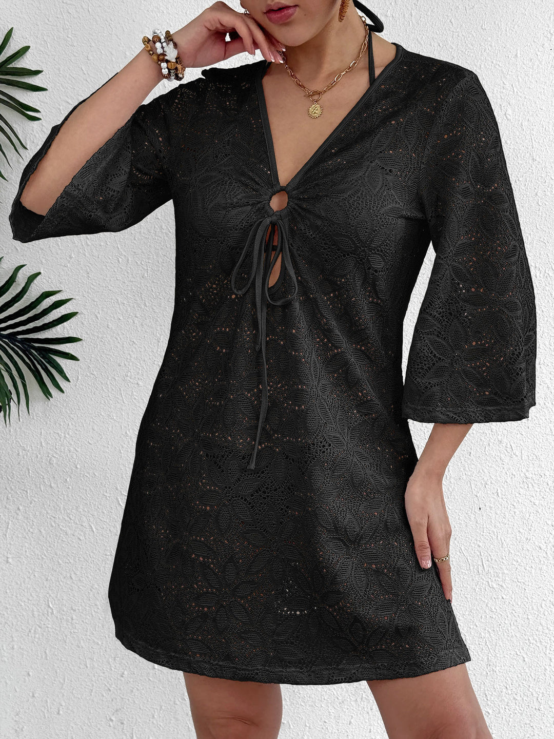 Damen Häkel-Strandkleid mit tiefem V-Ausschnitt EB