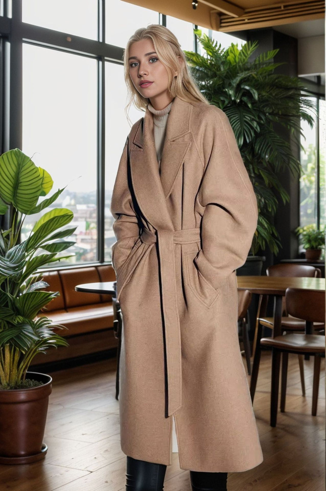 Damen eleganter Wollmantel mit Gürtel und weit geschnittenen Ärmeln EB