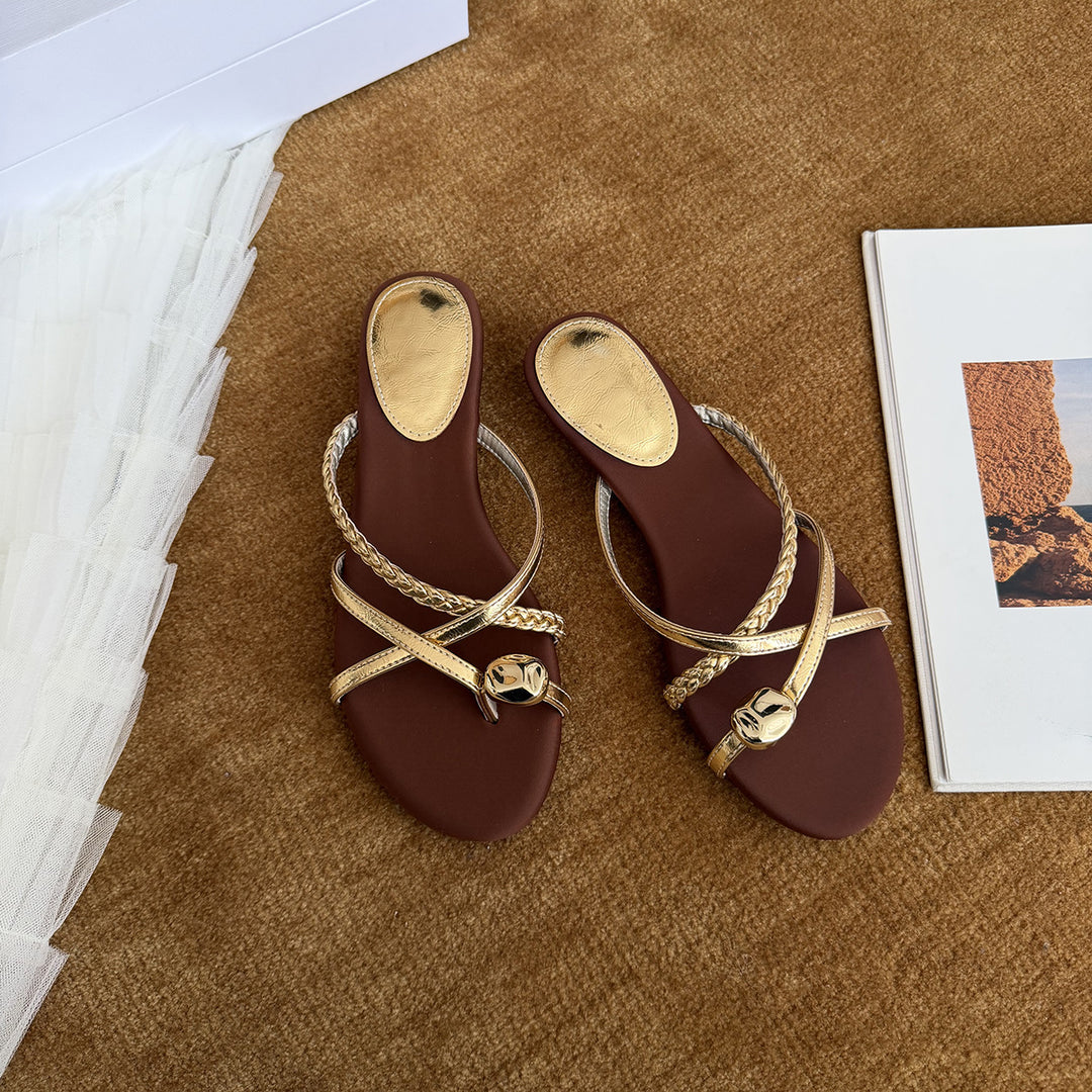 Damen Elegante und komfortable Zehentrenner-Sandalen mit geflochtenem Riemendesign EB