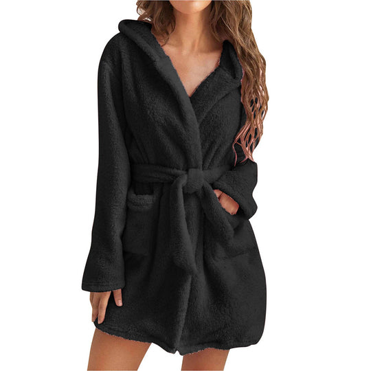 Damen Kuscheliger Fleece-Bademantel mit Kapuze und Gürtel EB