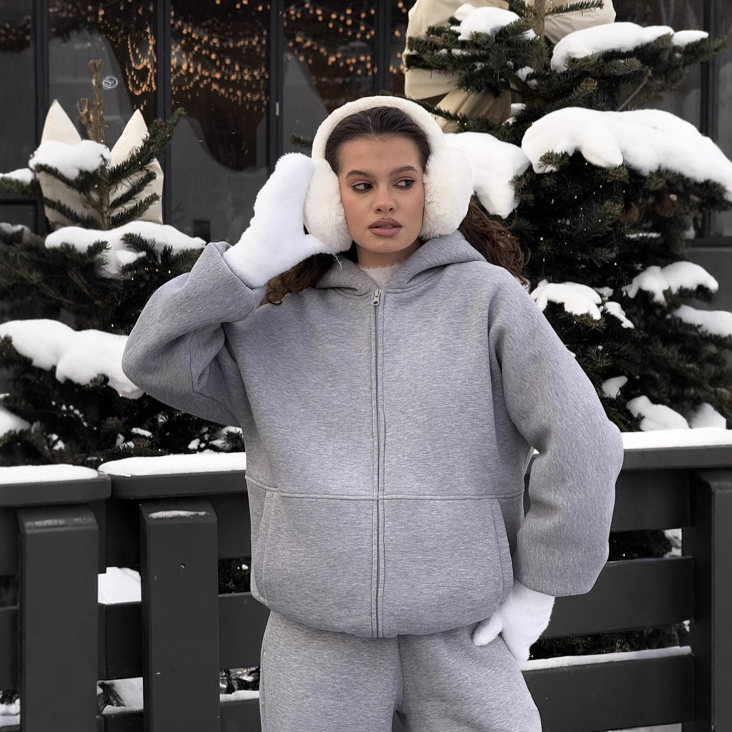 Damen Komfort-Kapuzen-Zipjacke mit verdecktem Reißverschluss, Kängurutasche und gerader Sweat-Hose EB