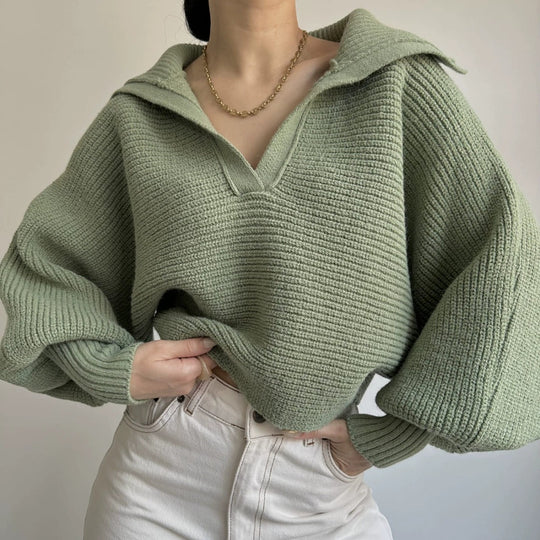 Damen nan Grobstrick-Pullover mit weitem Kragen und V-Ausschnitt EB