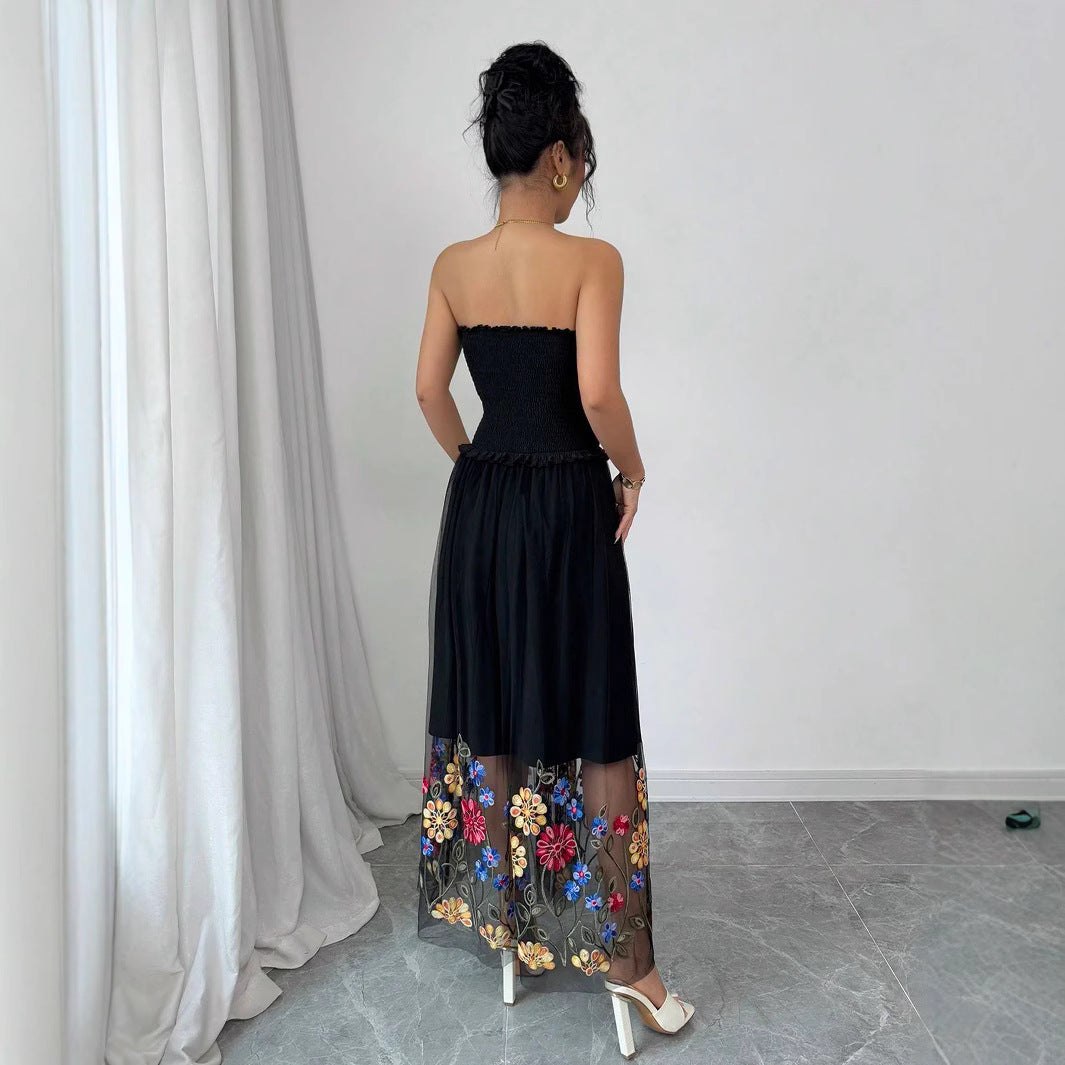 Damen Maxi-Kleid mit floralem Tüllsaum und elastischem Oberteil EB
