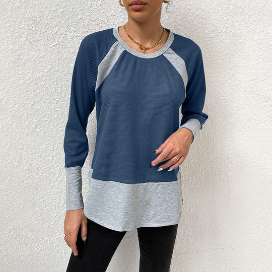 Damen lässiges Langarmshirt mit Waffle-Struktur und Kontrastärmeln EB