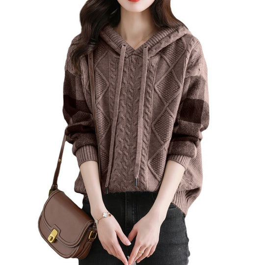 Damen Strickpullover mit Kapuze und modischem Karomuster EB