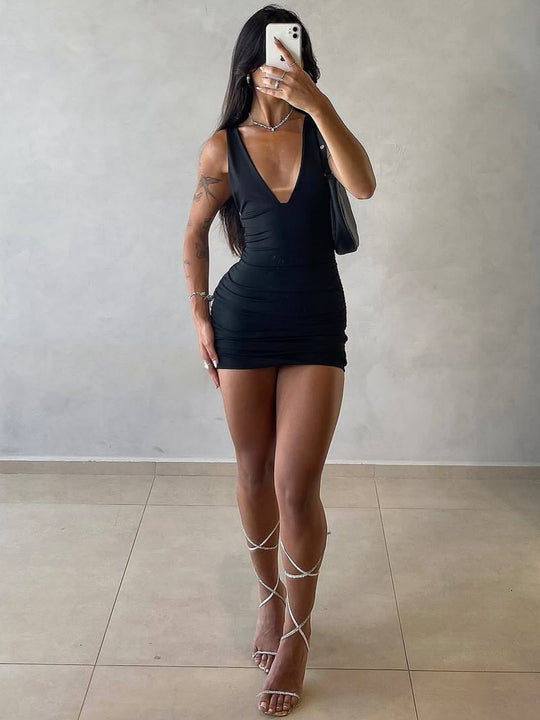 Damen figurbetontes Minikleid mit tiefem V-Ausschnitt und Raffung EB