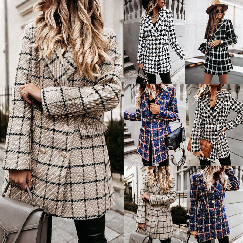 Damen Doppelreihige Karierte Blazerjacke EB